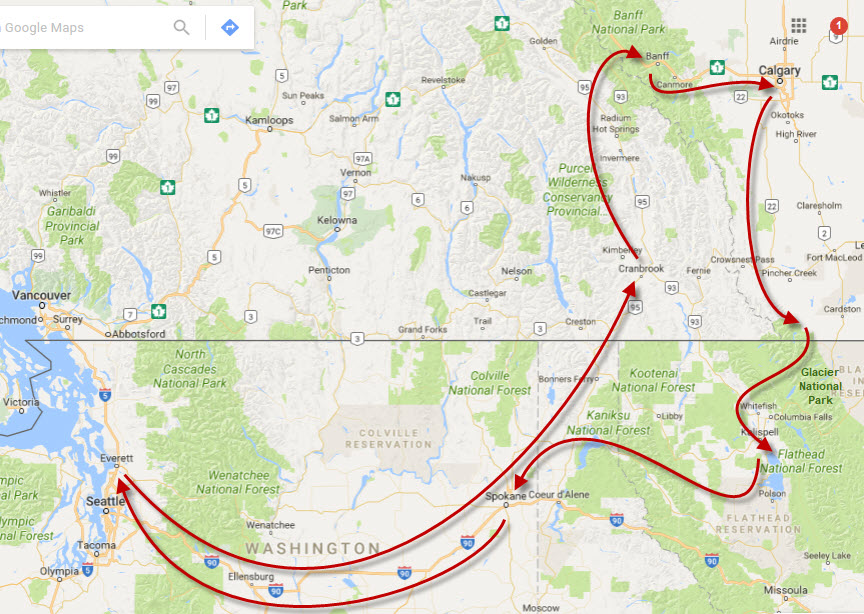 Map of our trip through the Rockies.