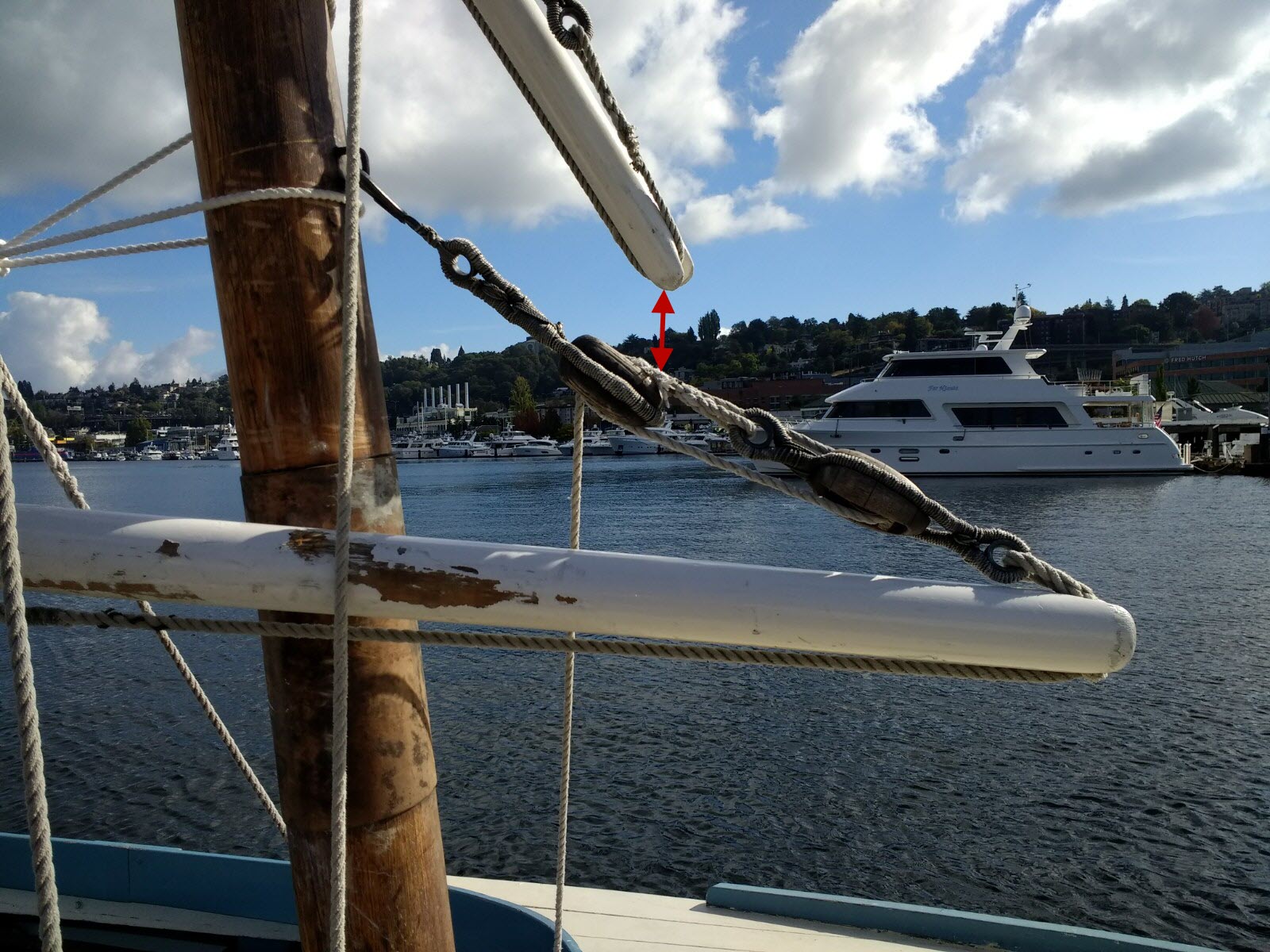 Clearance of sprit and boom near the mast.